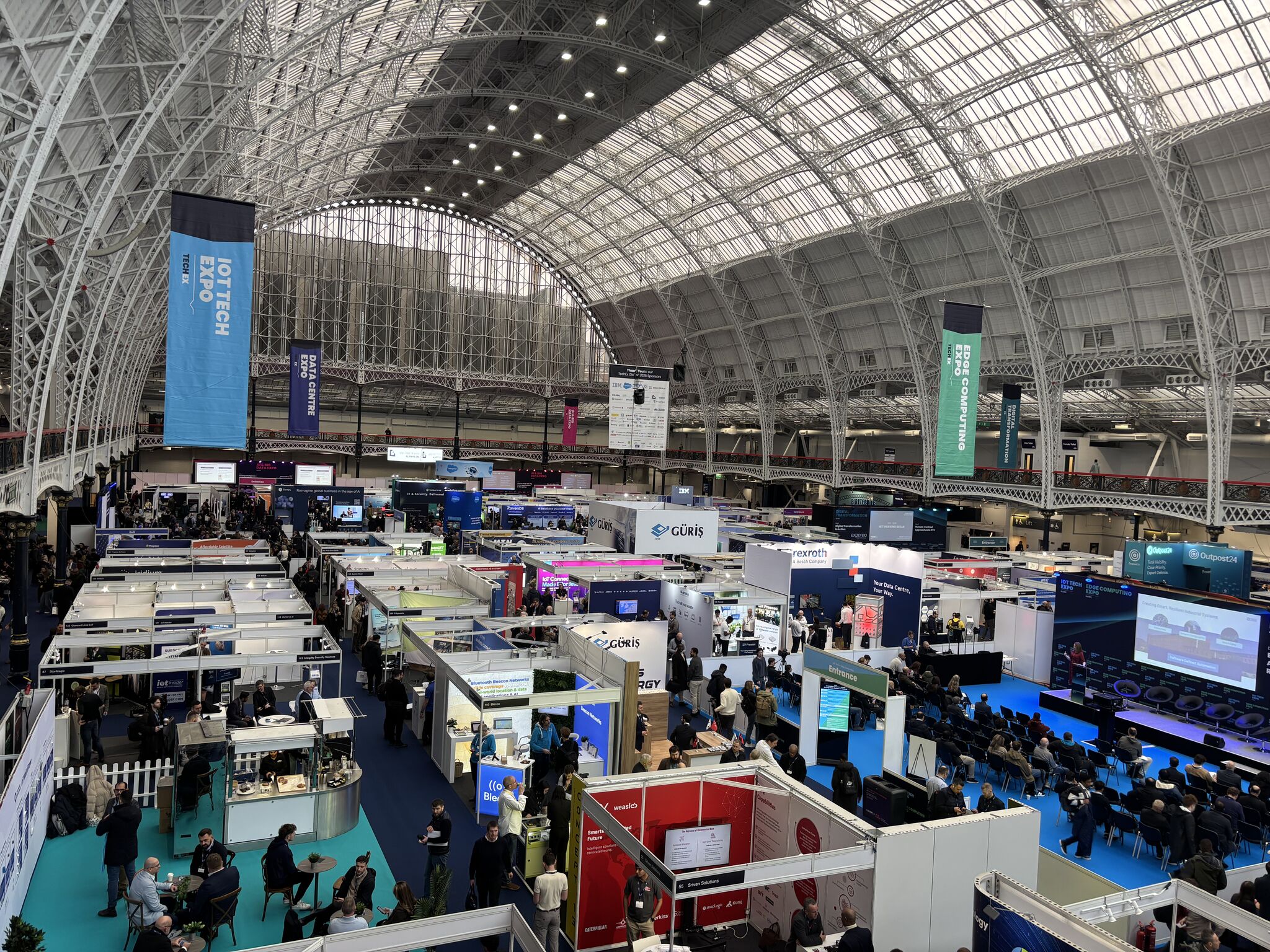 Panoramic view across the TechEx Global exhibition floor.